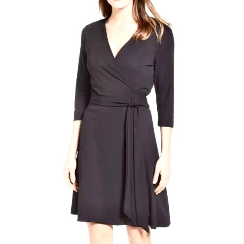 Evan Picone Black V-Neck Belted Wrap Dress 3/4 Long Sleeves